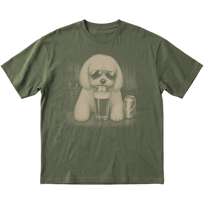 Military Green Maltese drinking from a pint at a bar, laid flat