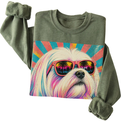 Folded Military Green crewneck sweatshirt with a Retro Maltese Mama design