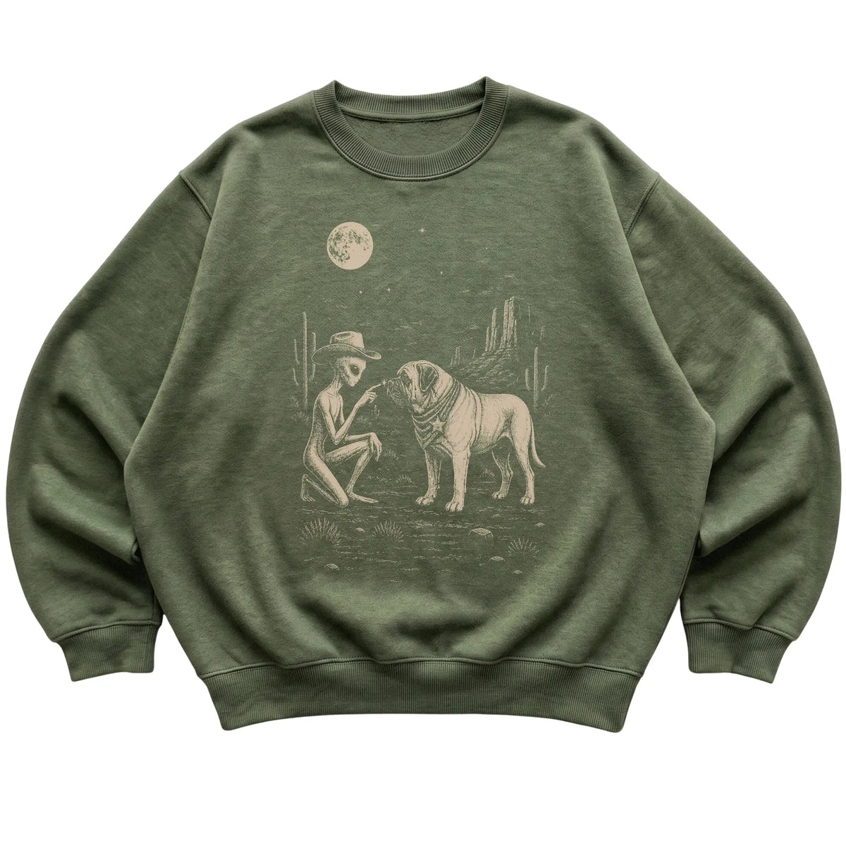 Military Green crewneck sweatshirt featuring Mastiff Cowboy and Alien, laid-flat presentation