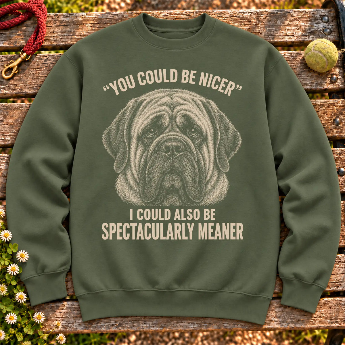 Mastiff Guard Dog on a Military Green crewneck sweatshirt, shown flat