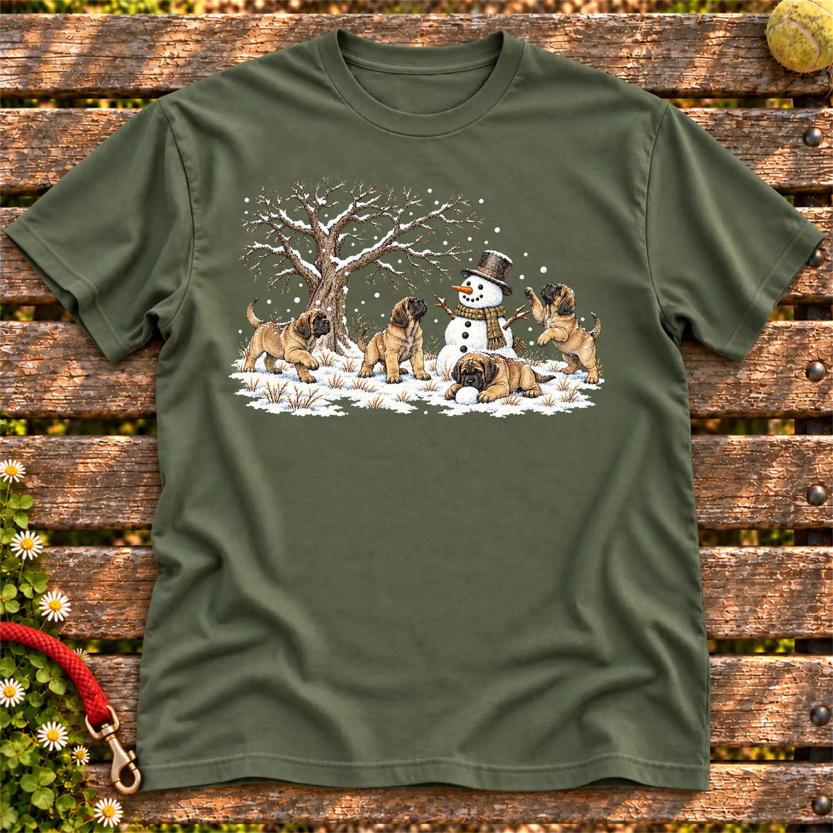 Mastiff puppies playing in snow with a snowman on a Military Green T-shirt