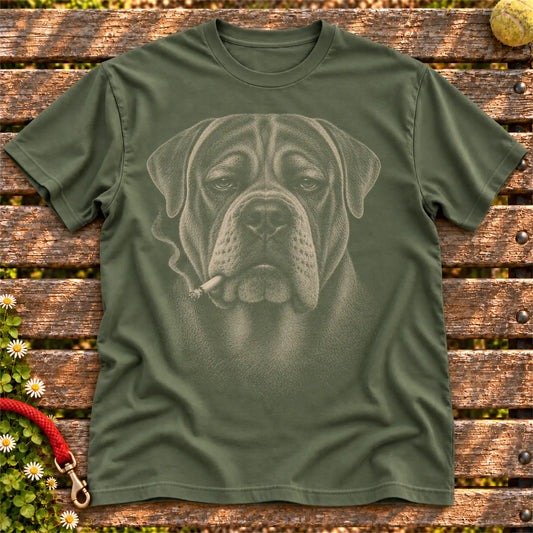 Mastiff smoking design on a Military Green t-shirt