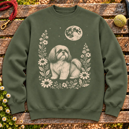 Shih Tzu Moon Flowers on a Military Green crewneck sweatshirt, shown flat