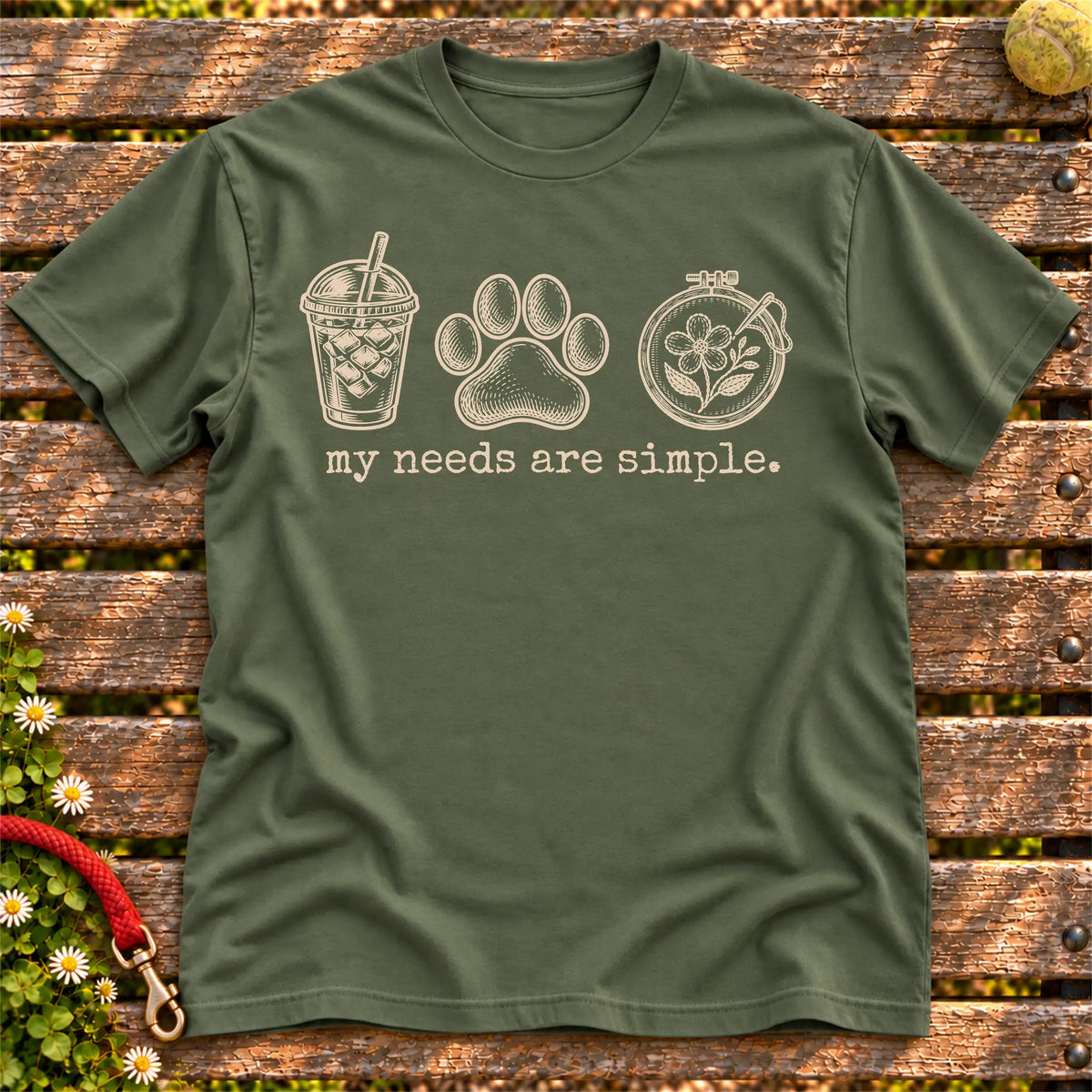 My Needs Are Simple coffee, dogs, and embroidery design on a Military Green Gildan T-shirt