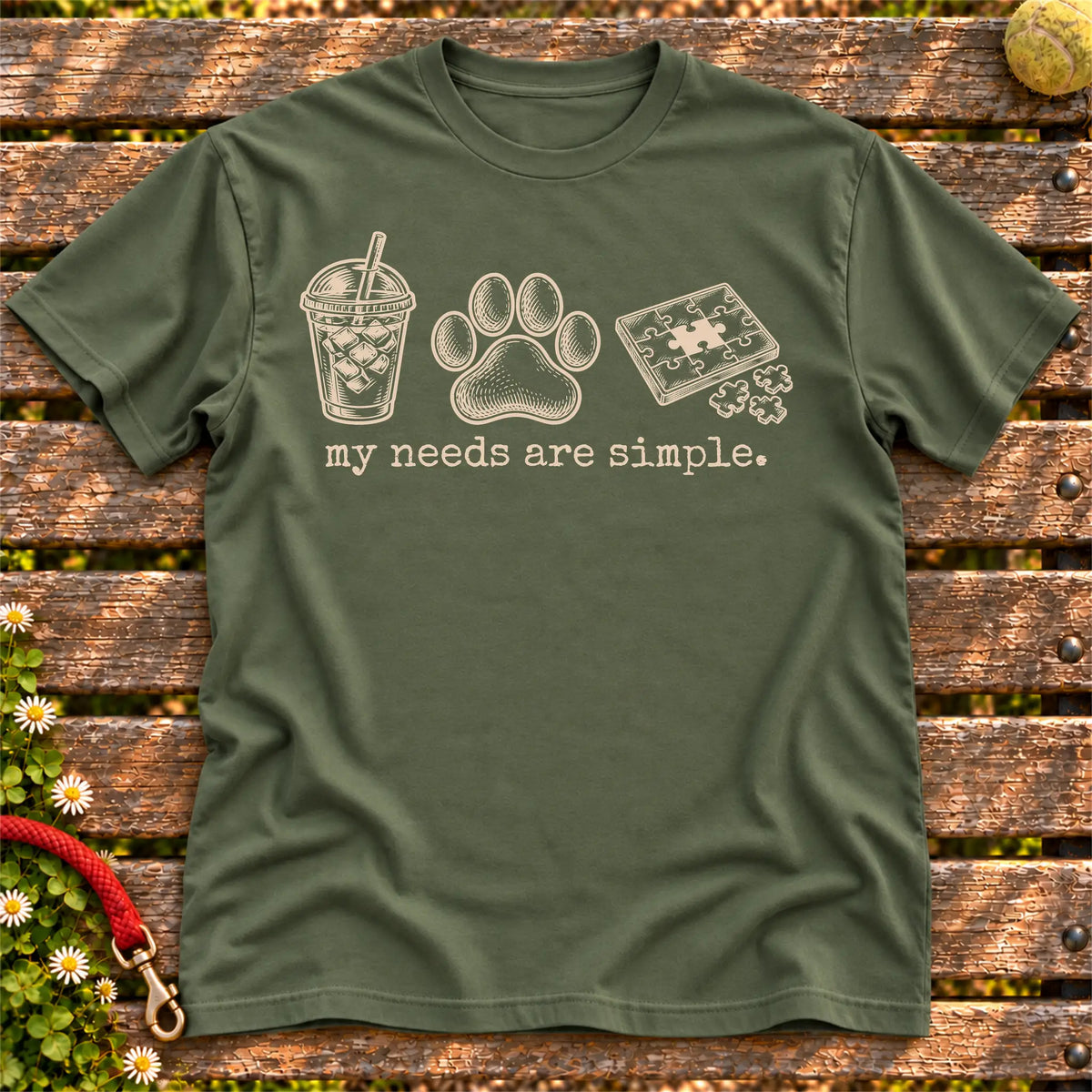 My Needs Are Simple coffee, dogs, and jigsaw puzzles design on a Military Green Gildan T-shirt