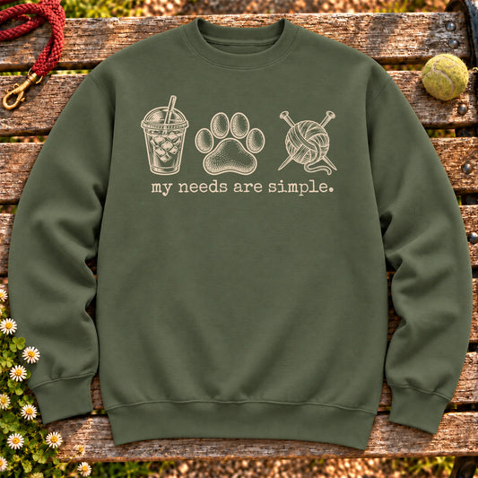 My Needs Are Simple coffee, dogs, and knitting design on a Military Green Gildan sweatshirt