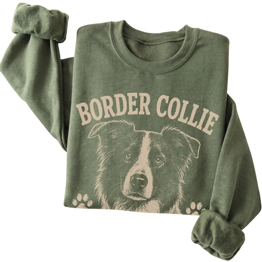 Military Green crewneck sweatshirt featuring Overthinking Is My Cardio - Border Collie, folded presentation