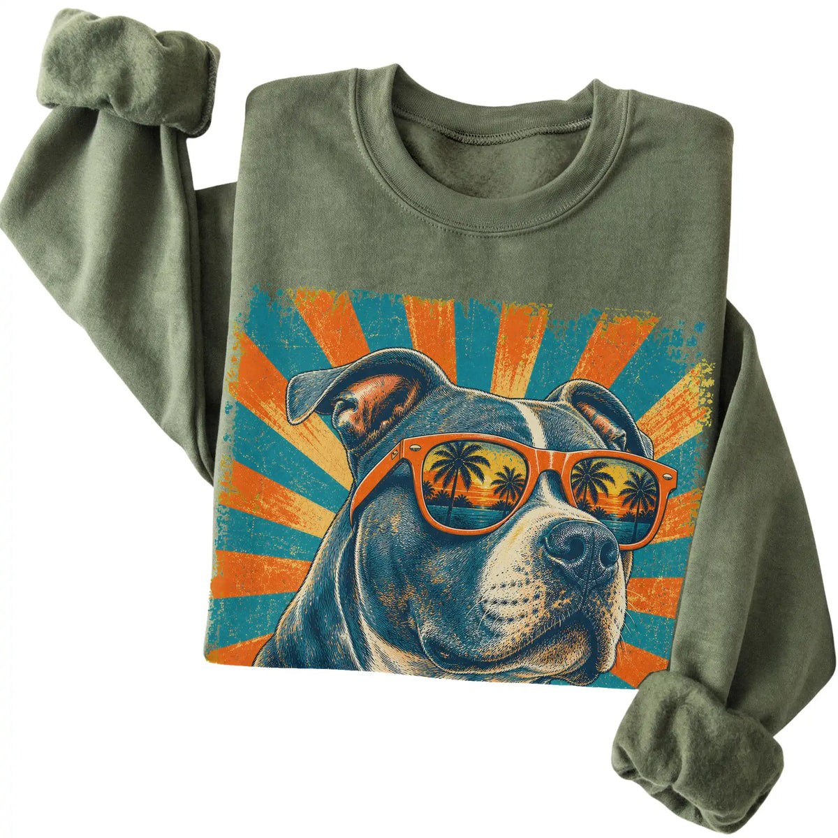 Folded Military Green crewneck sweatshirt with a Retro Pitbull Dad design