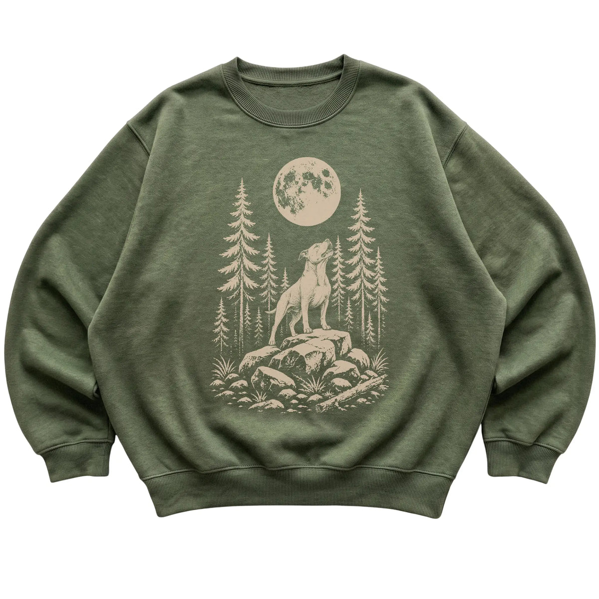 Close view of Pitbull Howling at the Moon artwork on Military Green crewneck sweatshirt