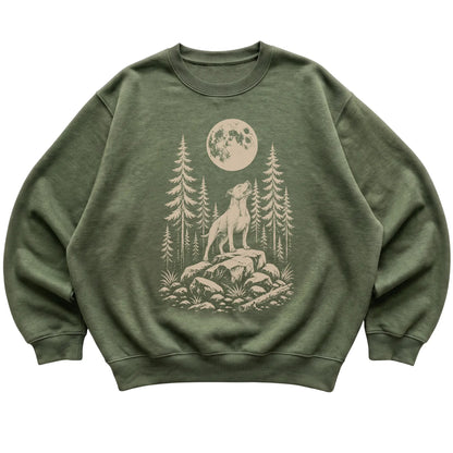 Close view of Pitbull Howling at the Moon artwork on Military Green crewneck sweatshirt