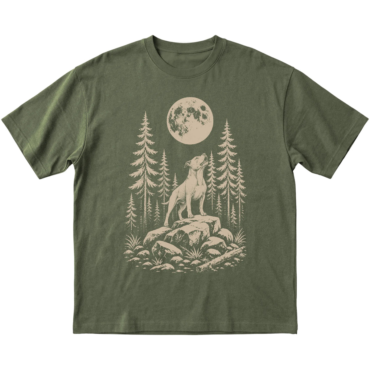 Close view of Pitbull Howling at the Moon artwork on Military Green softstyle T-shirt