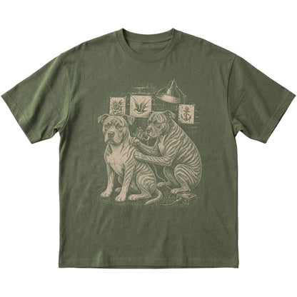 Military Green Pitbull Dog Tattoo Artist shirt laid flat