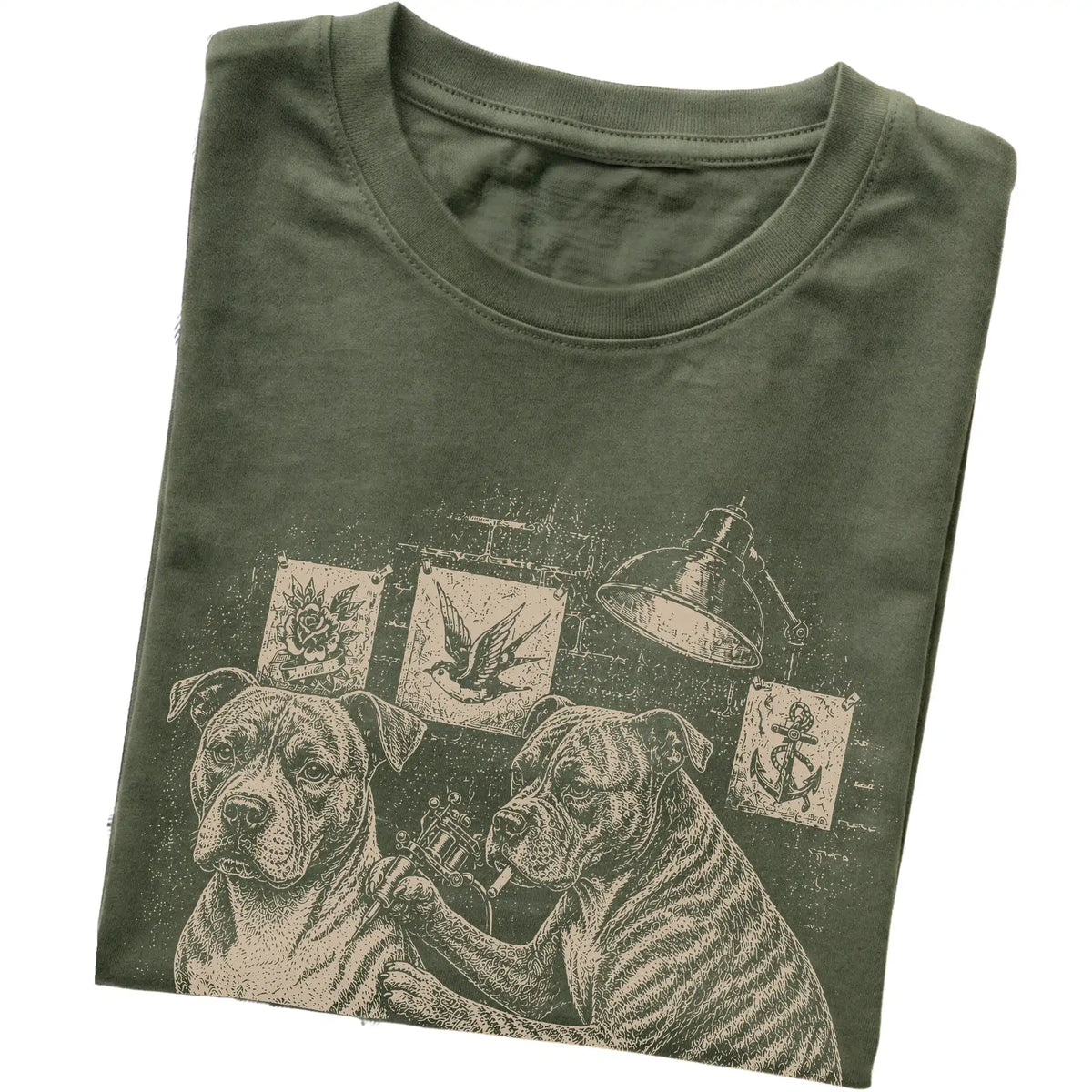 Military Green Pitbull Dog Tattoo Artist folded detail view