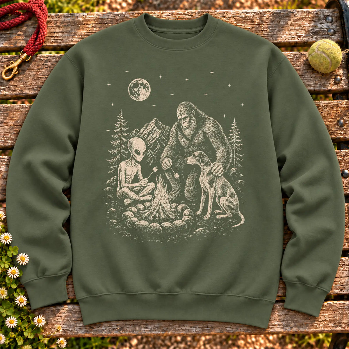 Pointer Camping with Bigfoot and Alien on a Military Green crewneck sweatshirt, shown flat