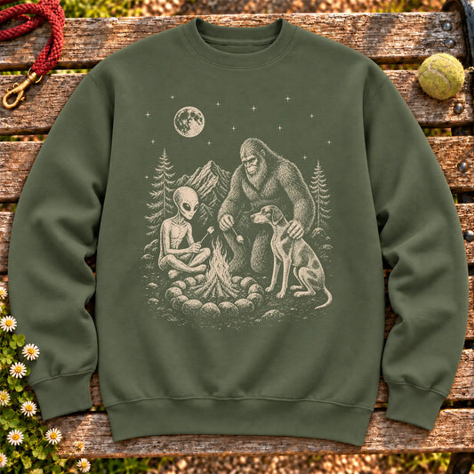 Pointer Camping with Bigfoot and Alien on a Military Green crewneck sweatshirt, shown flat