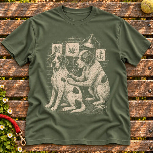 Pointer Tattoo on a Military Green T-shirt, shown flat