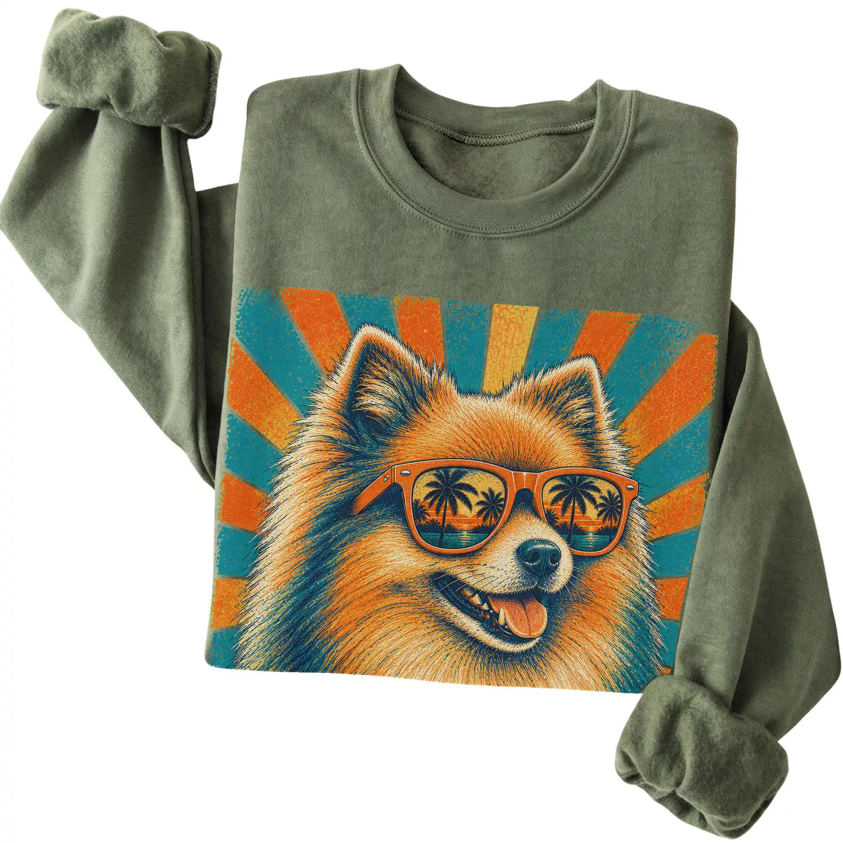 Folded Military Green crewneck sweatshirt with a Retro Pomeranian Dad design