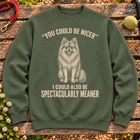 Pomeranian Guard Dog on a Military Green crewneck sweatshirt, shown flat