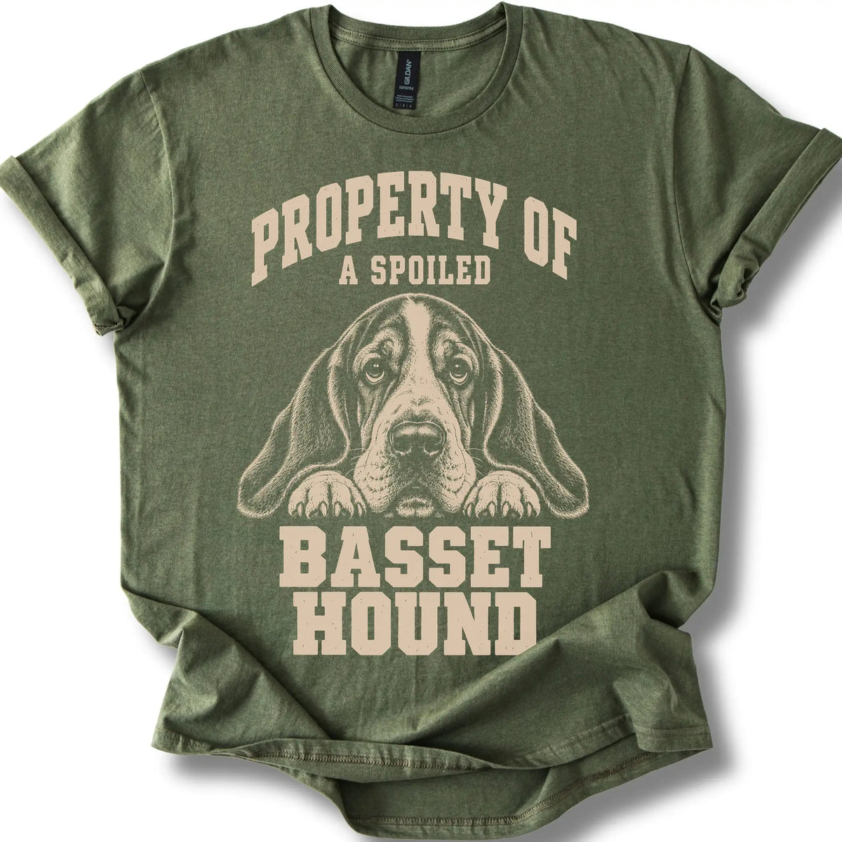 Military Green Basset Hound T-shirt with a dog portrait and “Property of a Spoiled” lettering.