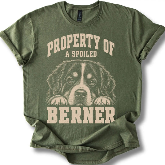 Military Green Bernese Mountain Dog T-shirt with a dog portrait and “Property of a Spoiled” lettering.