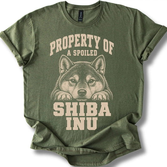 Military Green Shiba Inu T-shirt with a dog portrait and “Property of a Spoiled” lettering.