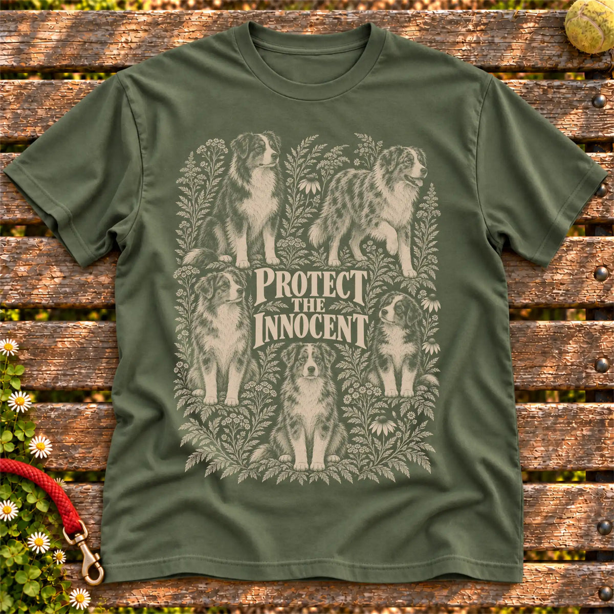 Protect the Innocent Australian Shepherd design on a Military Green T-shirt