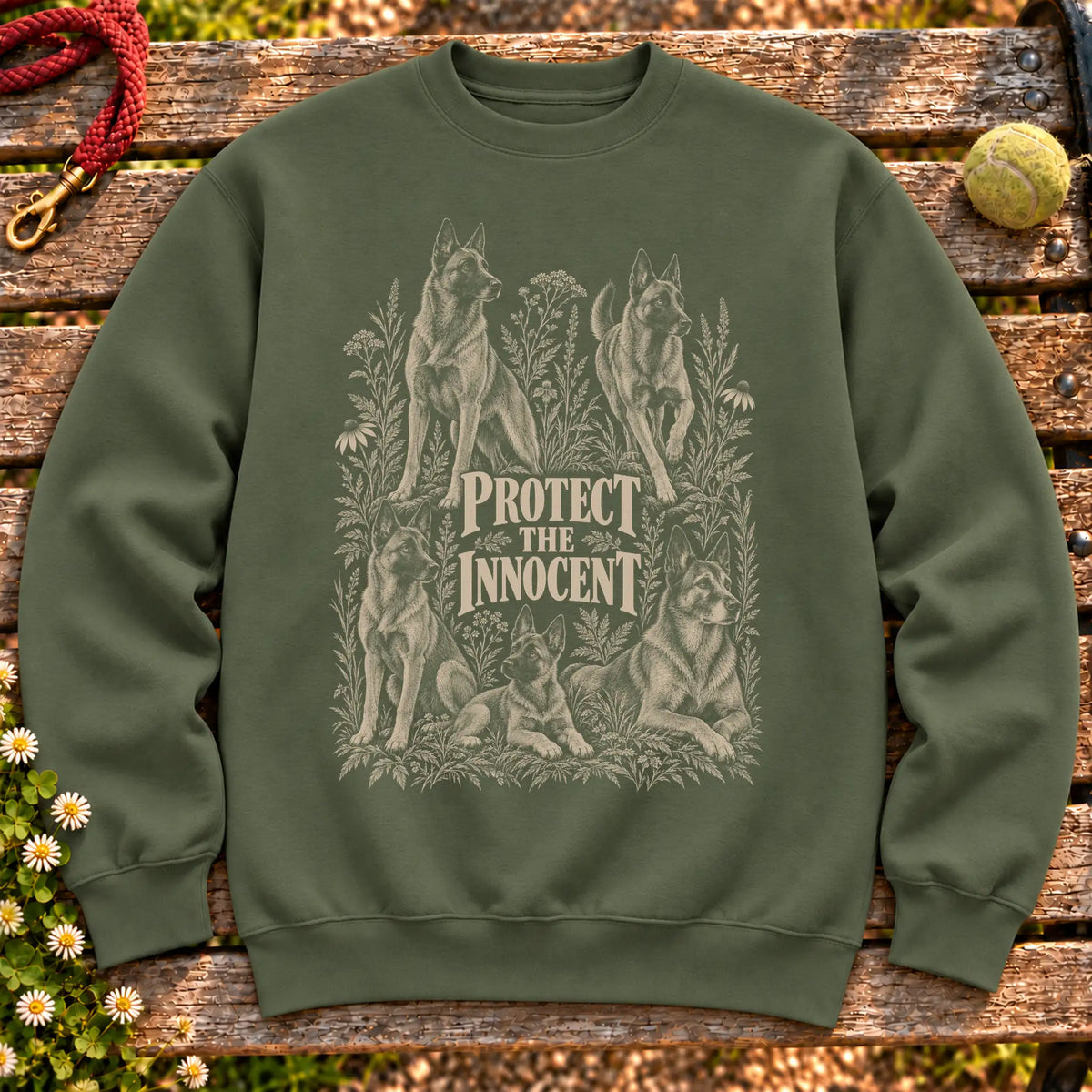 Protect the Innocent Belgian Malinois design on a Military Green sweatshirt