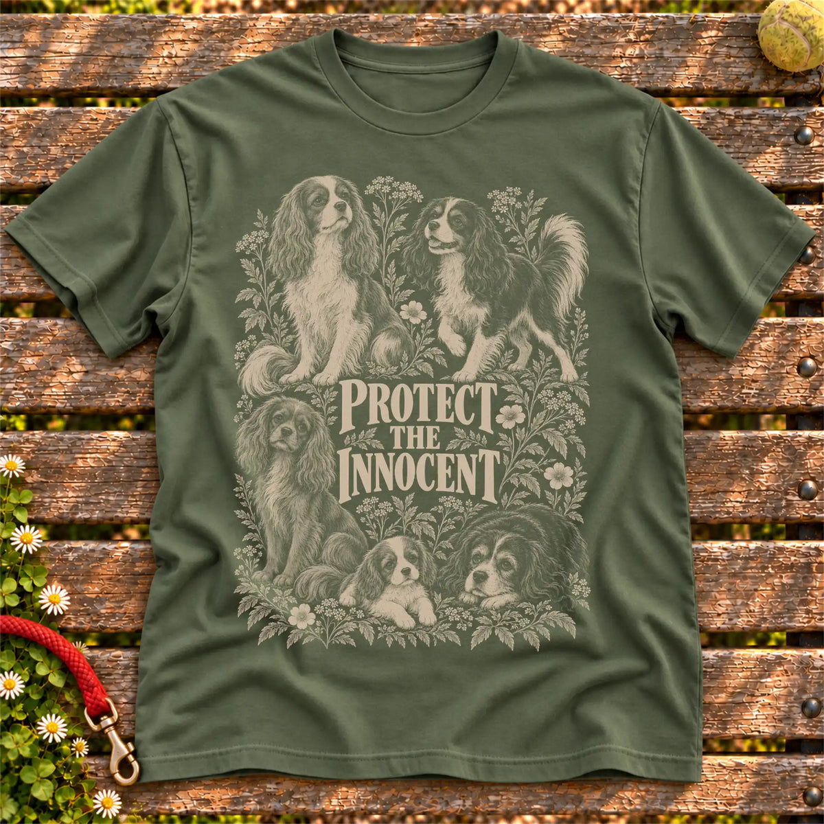 Protect the Innocent Cavalier King Charles Spaniel design on a Military Green T-shirt