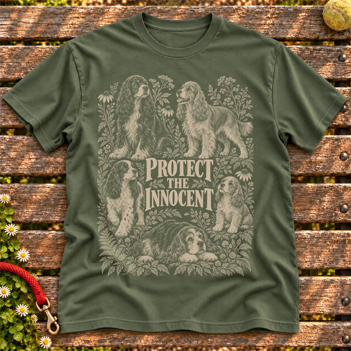 Protect the Innocent Cocker Spaniel design on a Military Green T-shirt