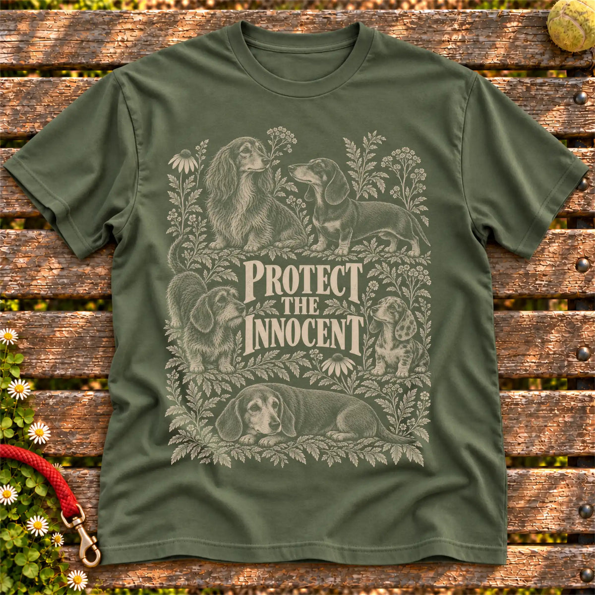 Protect the Innocent Dachshund design on a Military Green T-shirt