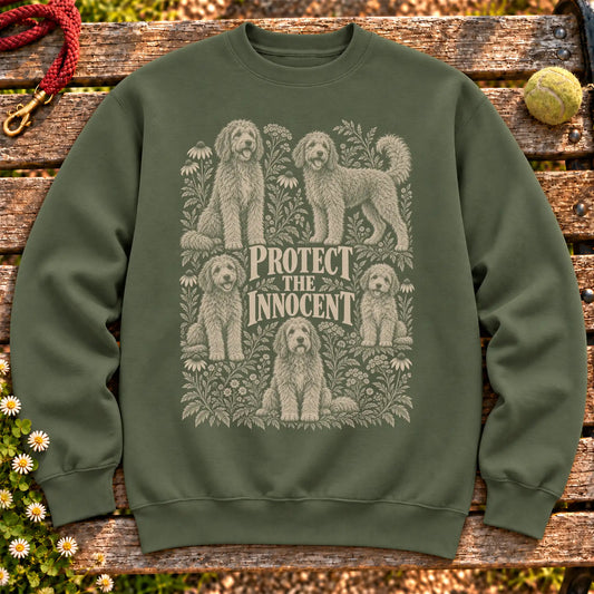 Protect the Innocent Goldendoodle design on a Military Green sweatshirt
