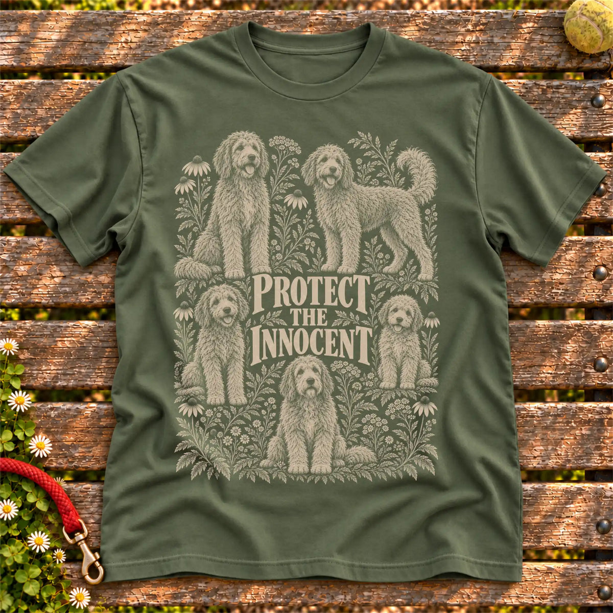 Protect the Innocent Goldendoodle design on a Military Green T-shirt