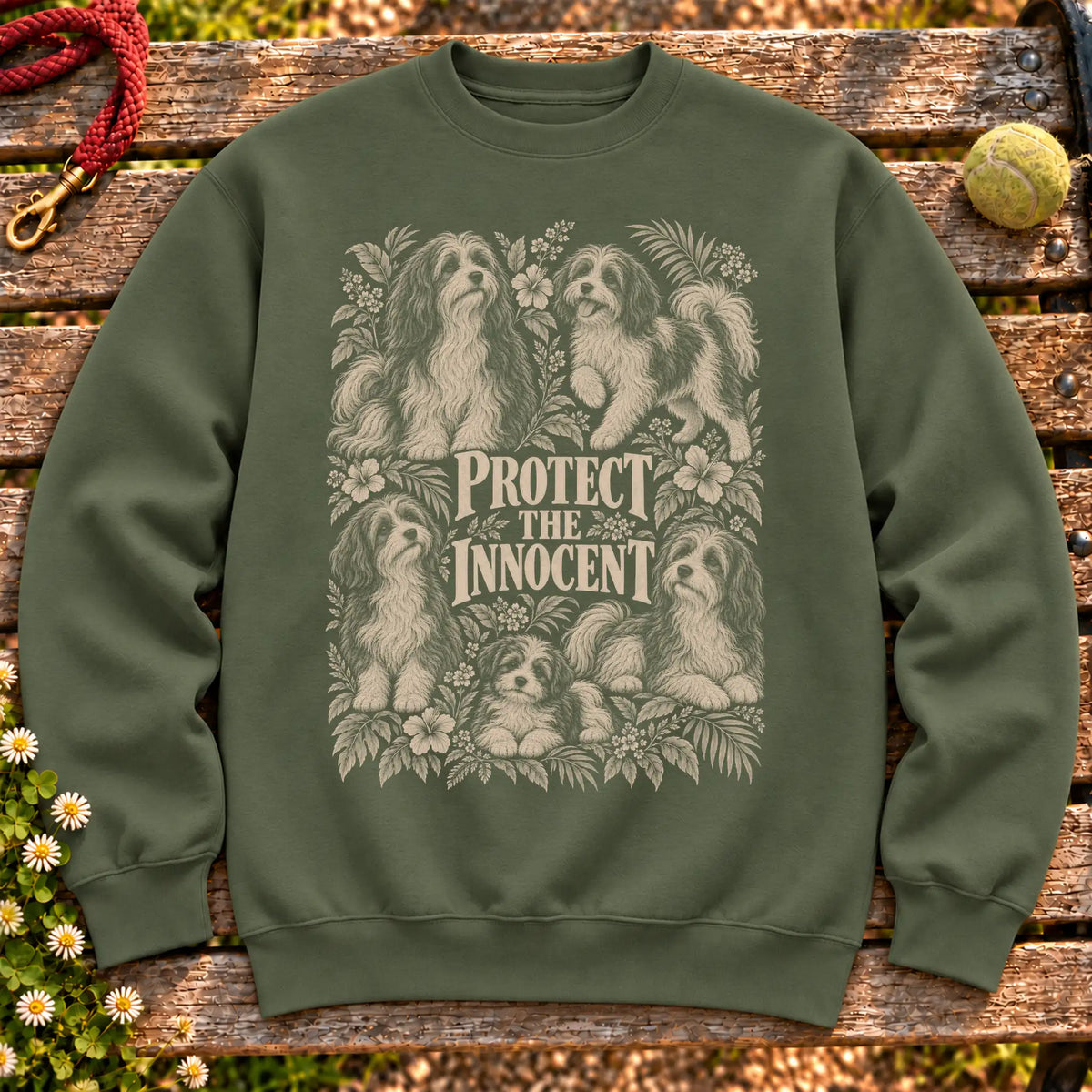 Protect the Innocent Havanese design on a Military Green sweatshirt