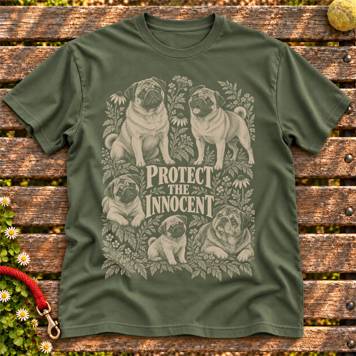 Protect the Innocent Pug design on a Military Green T-shirt
