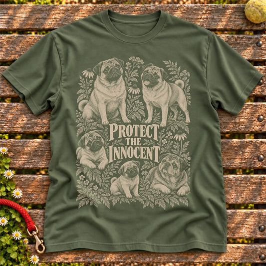 Protect the Innocent Pug design on a Military Green T-shirt