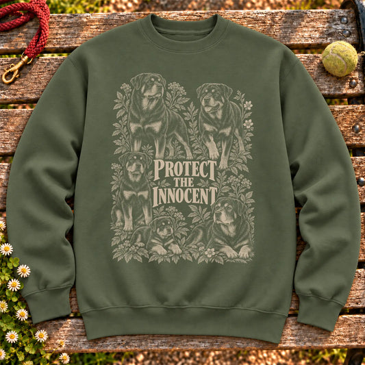 Protect the Innocent Rottweiler design on a Military Green sweatshirt