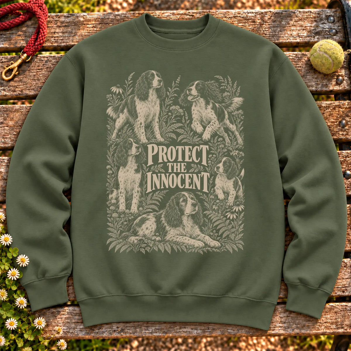Protect the Innocent Springer Spaniel design on a Military Green sweatshirt