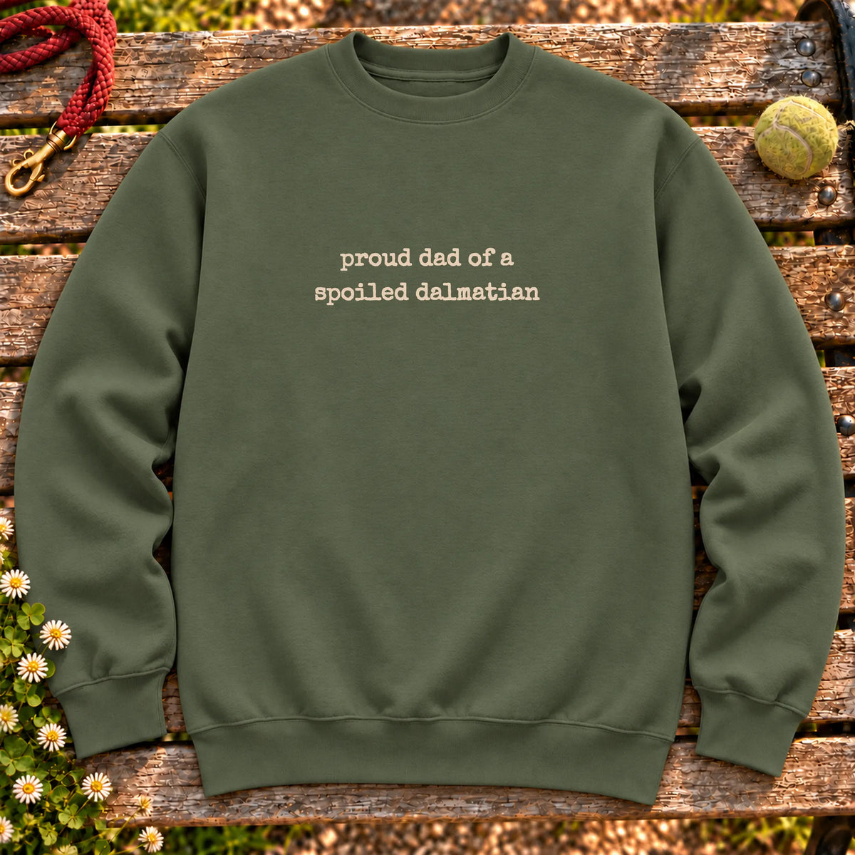 Proud Dalmatian Dad design on a Military Green crewneck sweatshirt, shown flat