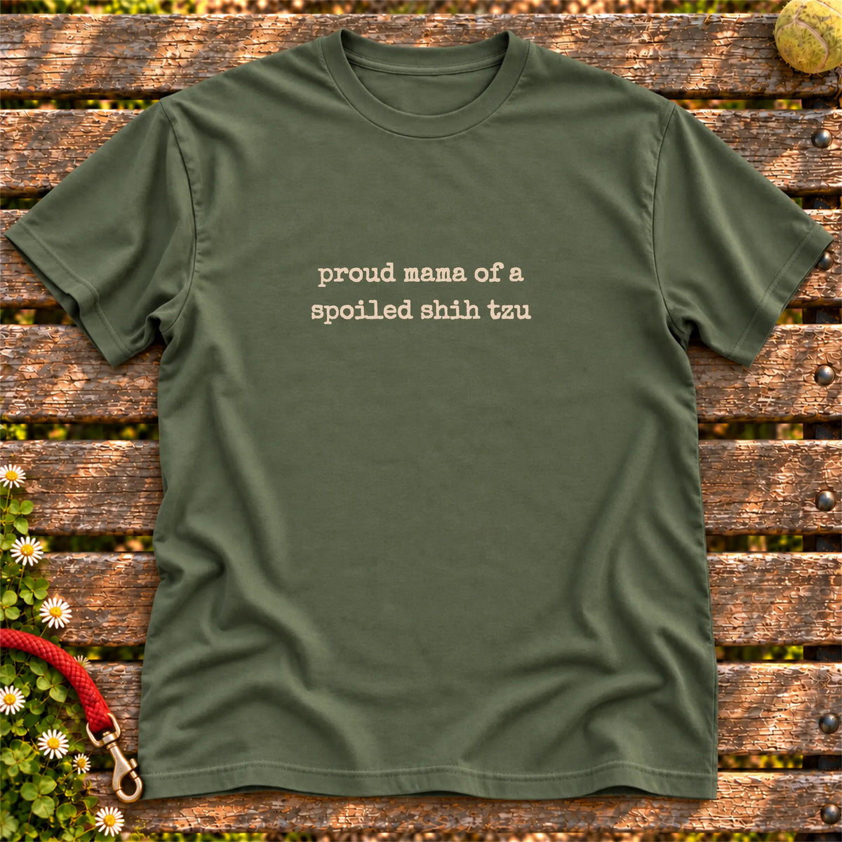 Proud Shih Tzu Mama design on a Military Green T-shirt, shown flat