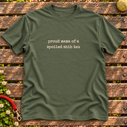 Proud Shih Tzu Mama design on a Military Green T-shirt, shown flat