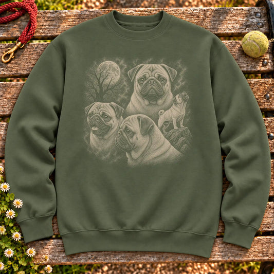 Pug 90s Moon design on a Military Green crewneck sweatshirt shown flat