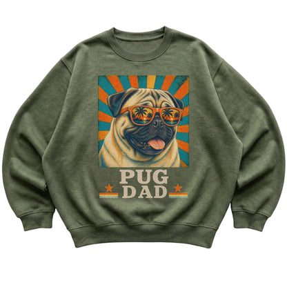Retro Pug Dad design on a Military Green crewneck sweatshirt