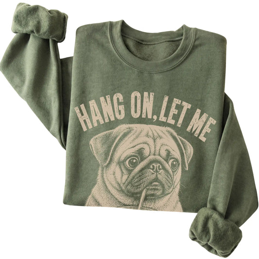 Military Green crewneck sweatshirt featuring Overthinking Pug, folded presentation
