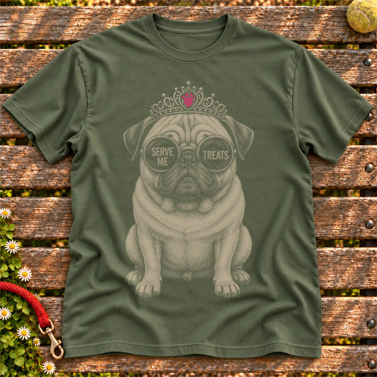 Pug Serve Me Treats on a Military Green T-shirt, shown flat