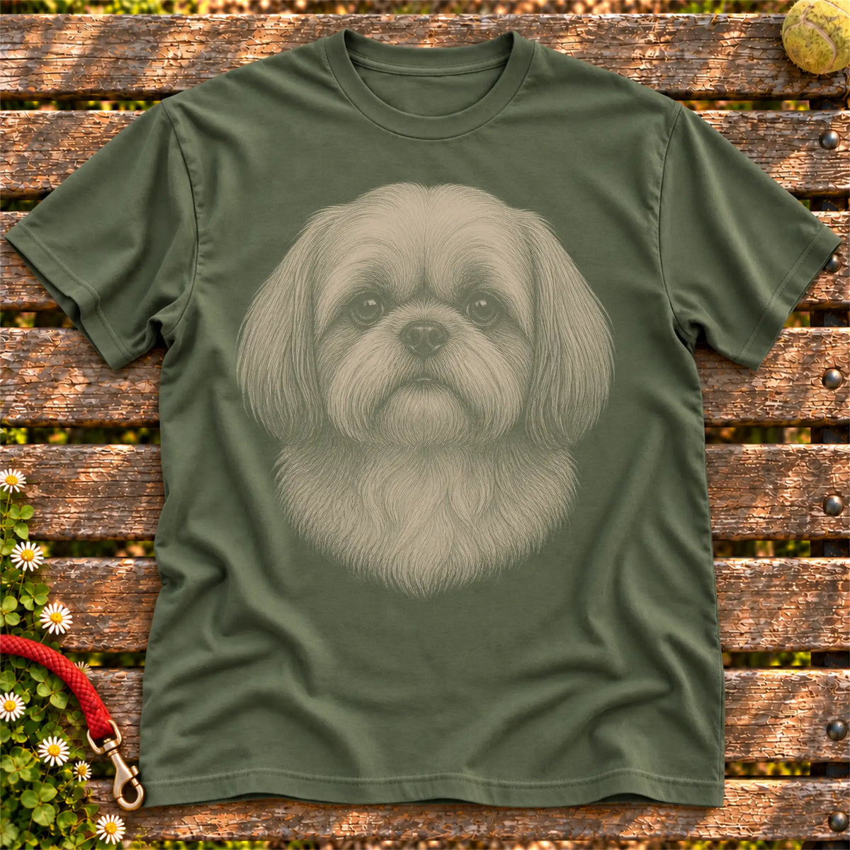 Shih Tzu Realistic Drawing on a Military Green T-shirt, shown flat