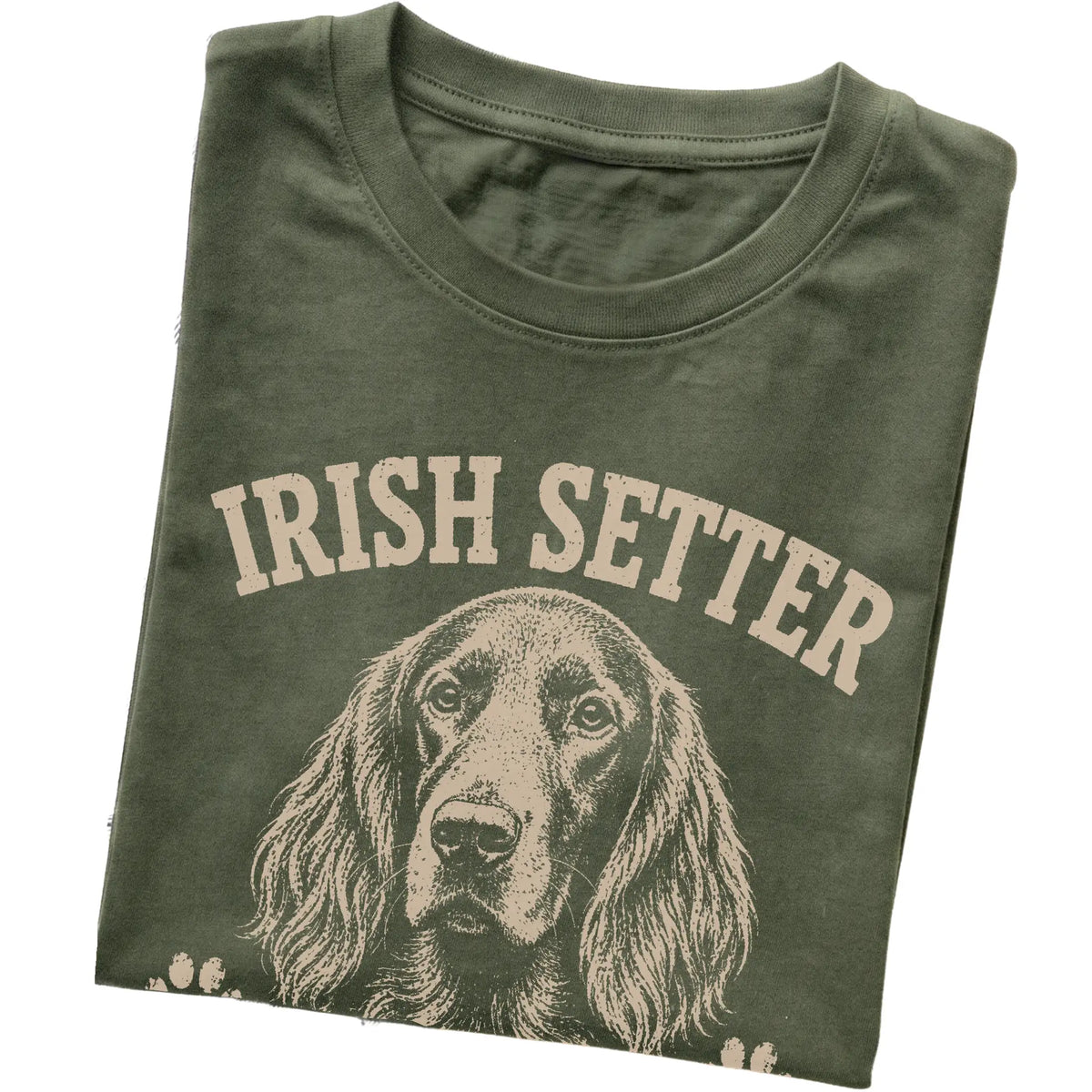 Military Green T-shirt featuring Red Hair, Don't Care - Irish Setter, folded presentation