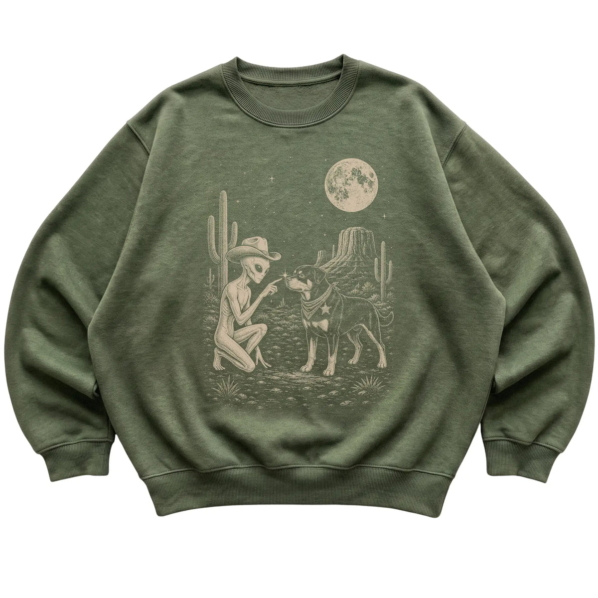 Military Green crewneck sweatshirt featuring Rottweiler Cowboy and Alien, laid-flat presentation
