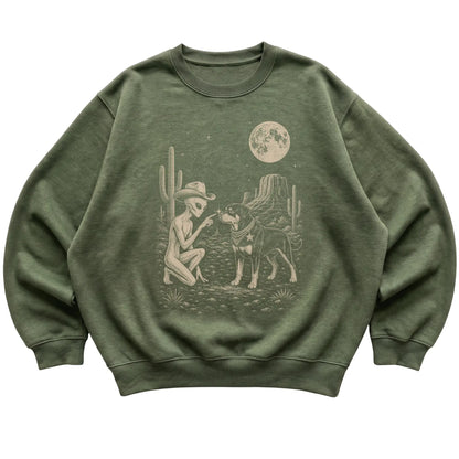 Military Green crewneck sweatshirt featuring Rottweiler Cowboy and Alien, laid-flat presentation