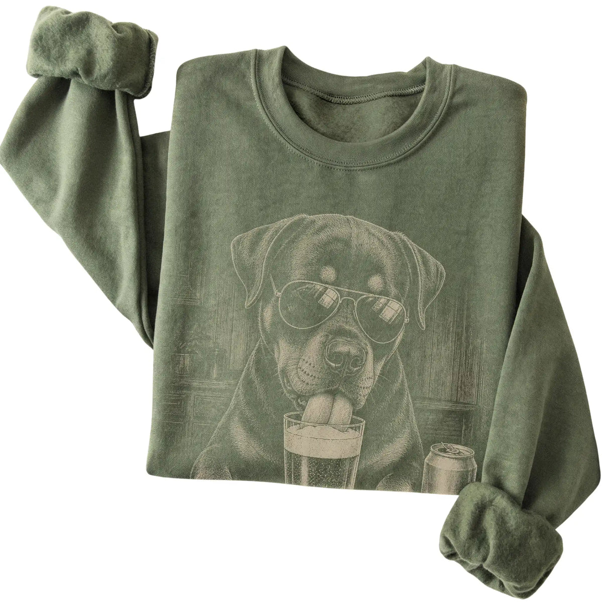 Military Green Rottweiler drinking from a pint at a bar, folded detail view