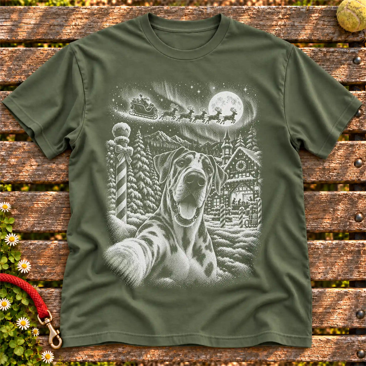 Great Dane Santa Selfie design on a Military Green T-shirt
